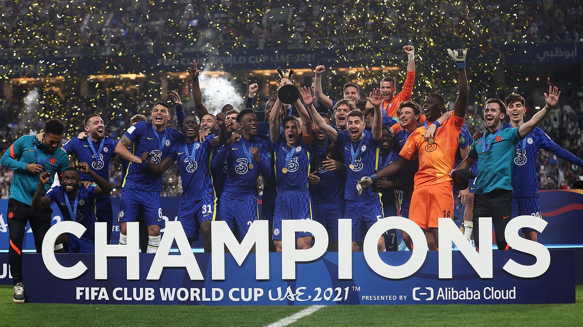 Chelsea's Cesar Azpilicueta lifts the trophy as they celebrate winning the Club World Cup at the Mohammed Bin Zayed Stadium, Abu Dhabi, United Arab Emirates on 12 February, 2022