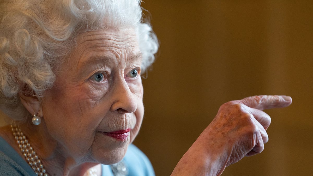 Britain's Queen Elizabeth II gestures during a reception in the Ballroom of Sandringham House, the Queen's Norfolk residence on 5 February 2022, as she celebrates the start of the Platinum Jubilee.