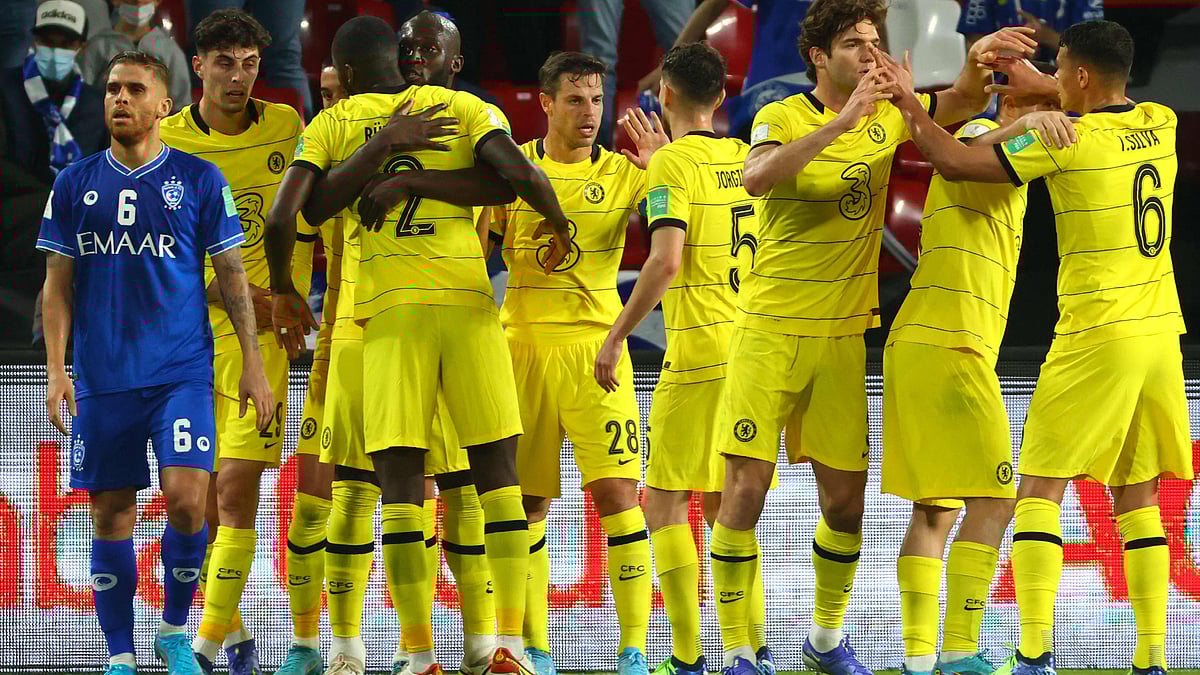 Chelsea players celebrate their opening goal during the 2021 FIFA Club World Cup semi-final football match between Saudi's Al-Hilal and England's Chelsea at Mohammed Bin Zayed stadium in Abu Dhabi, on 9 February, 2022
