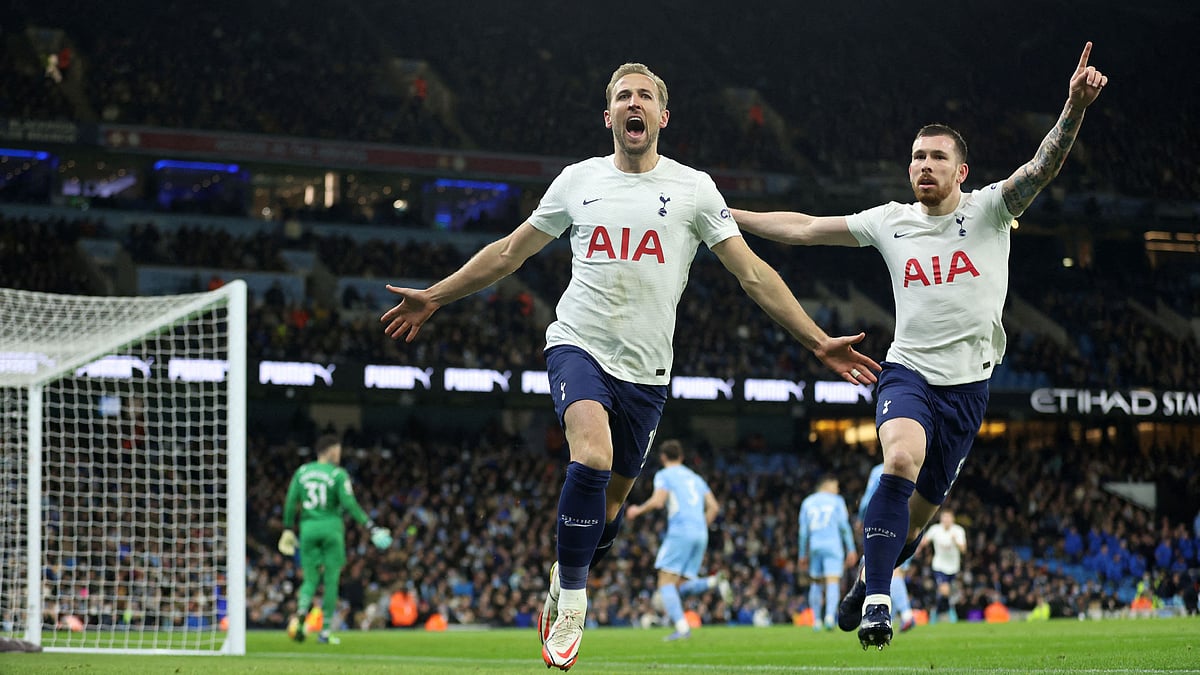 Tottenham Hotspur's Harry Kane celebrates scoring their second goal during a EPL football match against Manchester City at the  Etihad Stadium, Manchester, Britain on 19 February, 2022