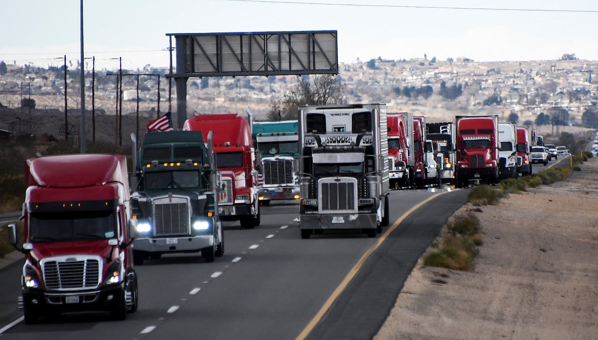 A large convoy head east bound on the 40 freeway as they head towards the nation's capital to protest against coronavirus disease (COVID-19) vaccine mandates, Daggett, California, US on 23 February, 2022