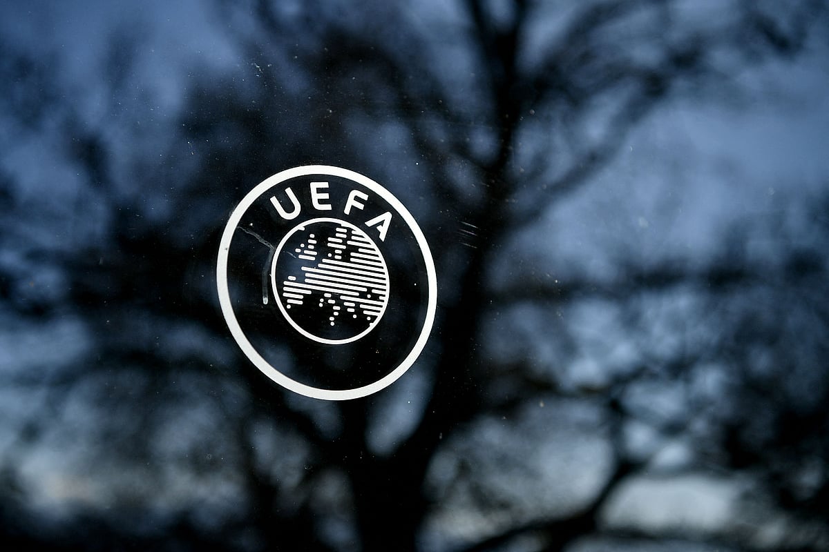 In this file photo taken on 20 February, 2020 shows the UEFA logo at the organization's headquarters in Nyon