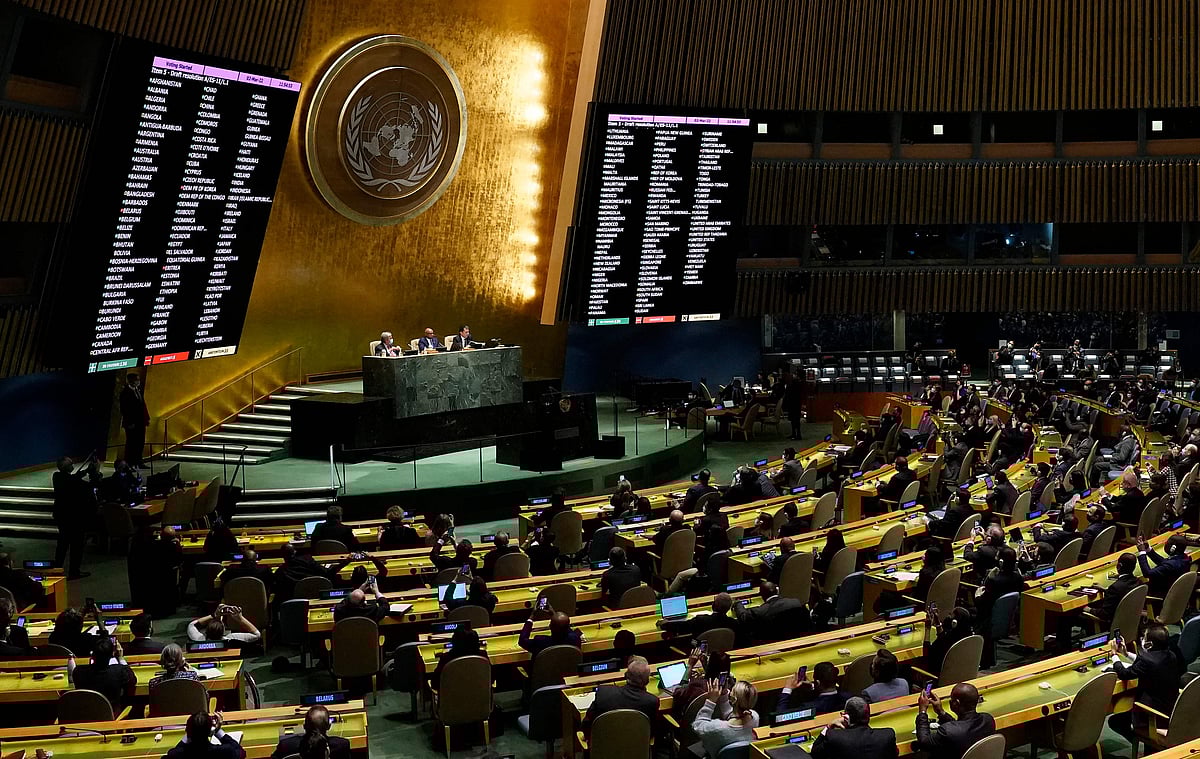 Delegates vote at the UN General Assembly Emergency session in New York on 2 March, 2022, after a resolution condemning Russian invasion of Ukraine passed