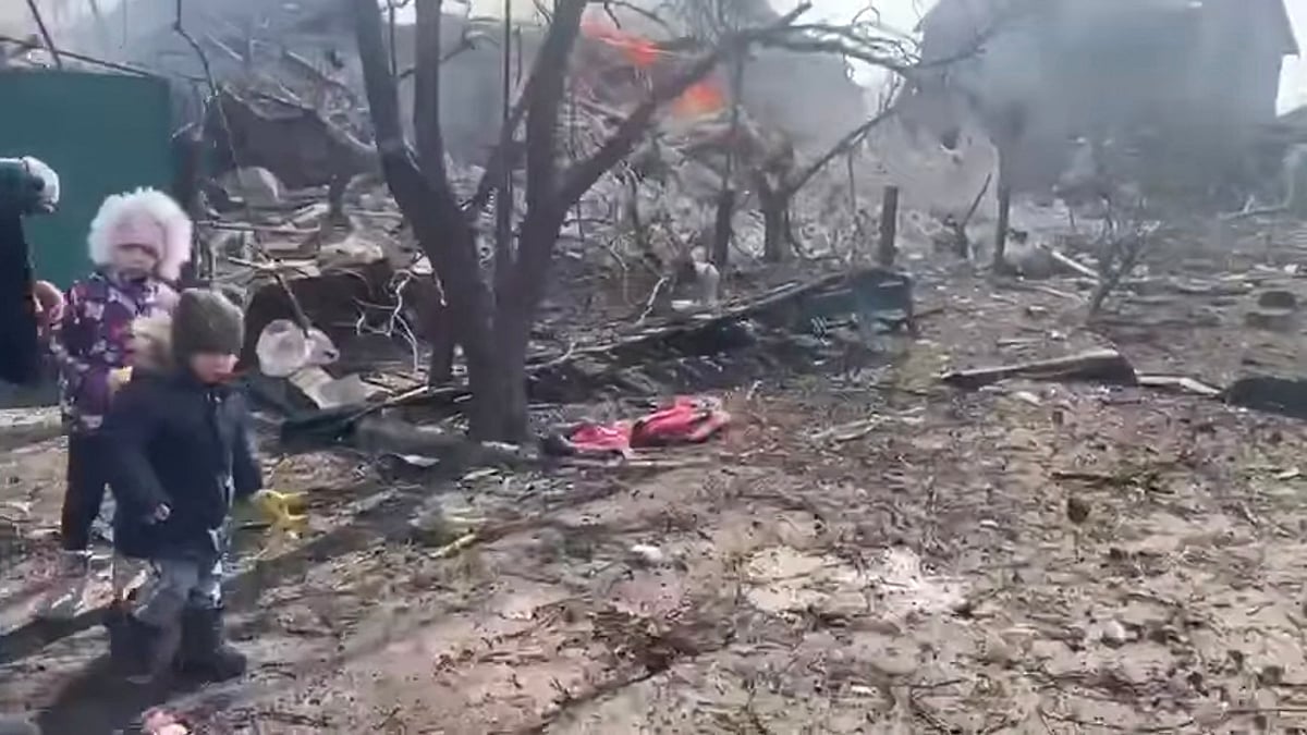 The aftermath of Russian artillery shelling on a residential area in Mariupol where a rocket hit a house, according to the Armed Forces of Ukraine, during the Russian invasion of Ukraine, in Mariupol, Ukraine, is seen in this screengrab from a video uploaded on social media on 10 March 2022.