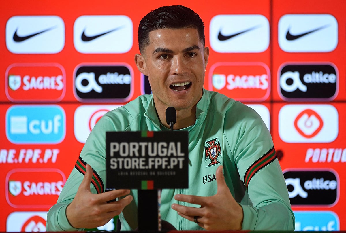 Portugal's forward Cristiano Ronaldo holds a press conference at the Dragao stadium in Porto on 28 March, 2022 on the eve of the World Cup 2022 qualifying final first leg football match between Portugal and North Macedonia.