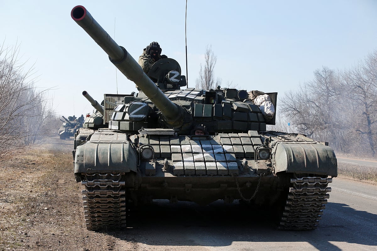 A view shows a convoy of pro-Russian troops during Ukraine-Russia conflict outside the separatist-controlled town of Volnovakha in the Donetsk region, Ukraine on 12 March, 2022