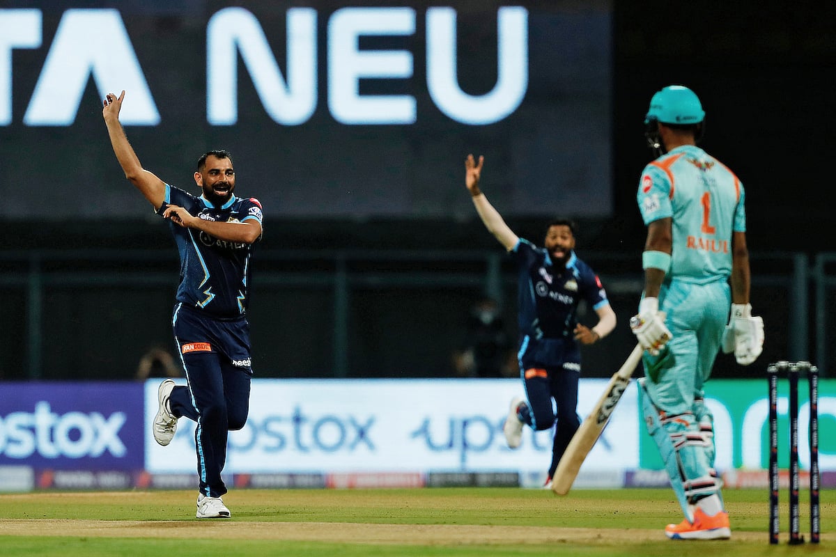 Gujarat Titan's Mohammad Shami celebrates a dismissal of Lucknow Super Giants KL Rahul during the IPL 2022 match between Lucknow Super Giants and Gujarat Titan at Wankhede Stadium in Mumbai on 28 March, 2022