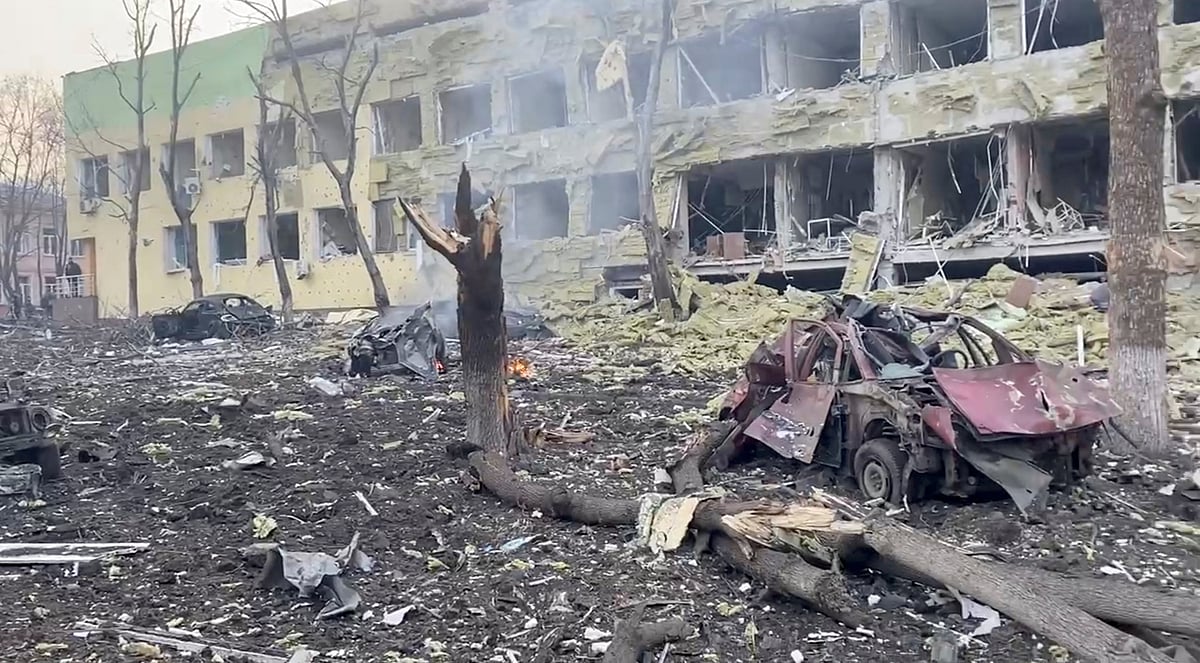 Debris is seen on site of the destroyed Mariupol children's hospital as Russia's invasion of Ukraine continues, in Mariupol, Ukraine, 9 March, 2022
