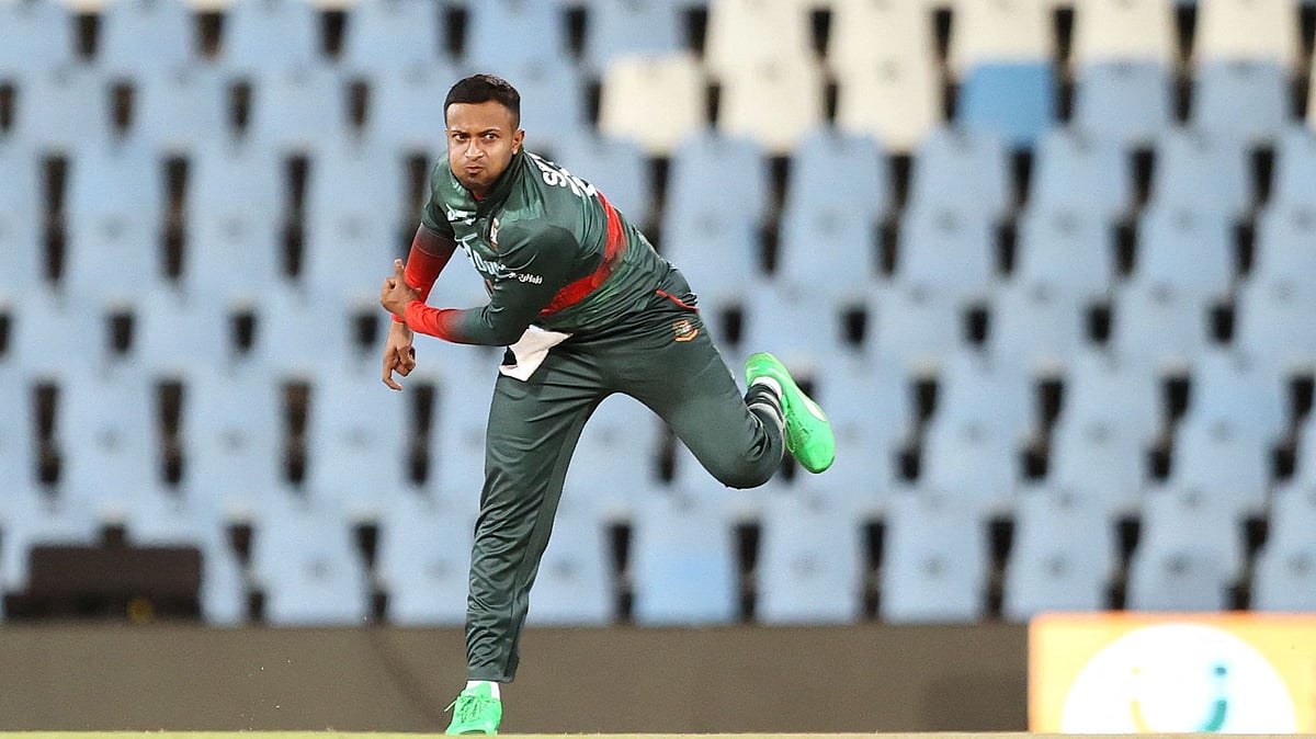 Bangladesh's Shakib Al Hasan delivers a ball during the first one-day international (ODI) cricket match between South Africa and Bangladesh at SuperSport Park in Centurion on 18 March 2022.
