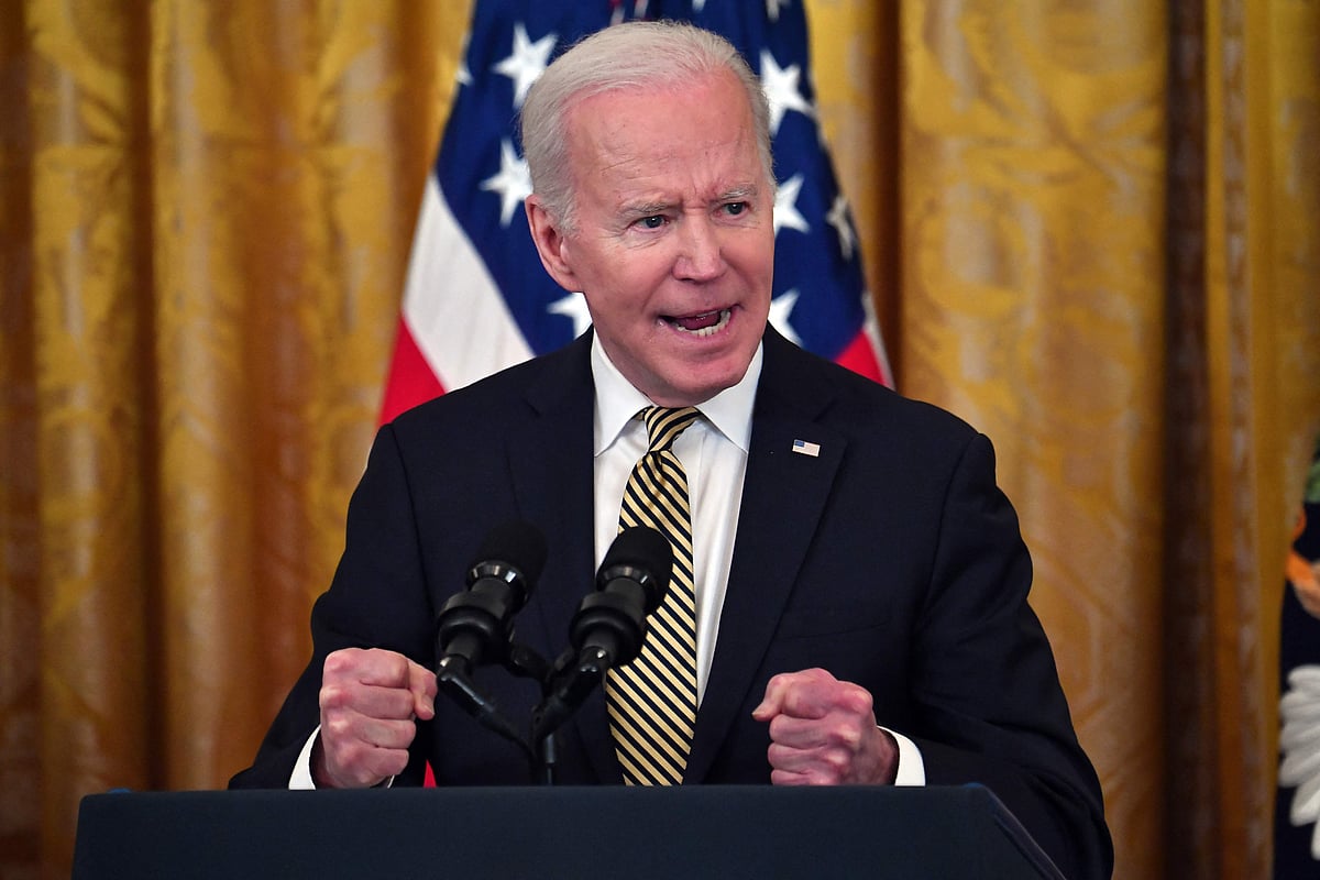 US President Joe Biden speaks during an event celebrating the reauthorization of the Violence Against Women Act, in the East Room of the White House in Washington, DC, on 16 March, 2022