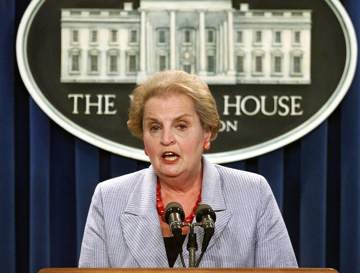 In this file photo taken on 20 August 1998 US Secretary of State Madeleine Albright speaks to reporters at the White House on the US attack of a terrorist base in Afghanistan and a chemical weapons-related facility in Khartoum, Sudan