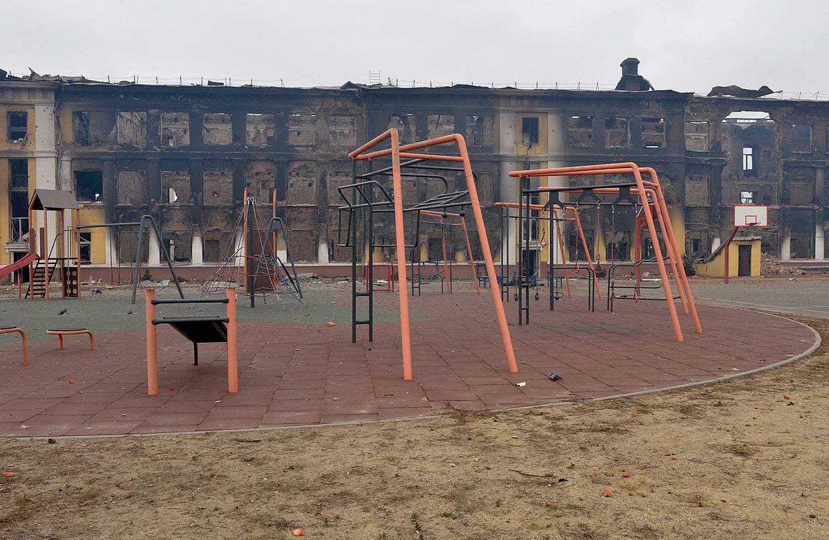 This photograph shows a view of a school destroyed as a result of fight not far from the center of Ukrainian city of Kharkiv, located some 50 km from Ukrainian-Russian border, on 28 February, 2022