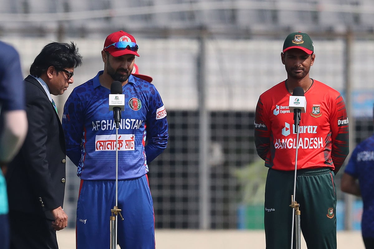 Bangladesh and Afghanistan captains during the toss of the first T20I match on 3 March 2022