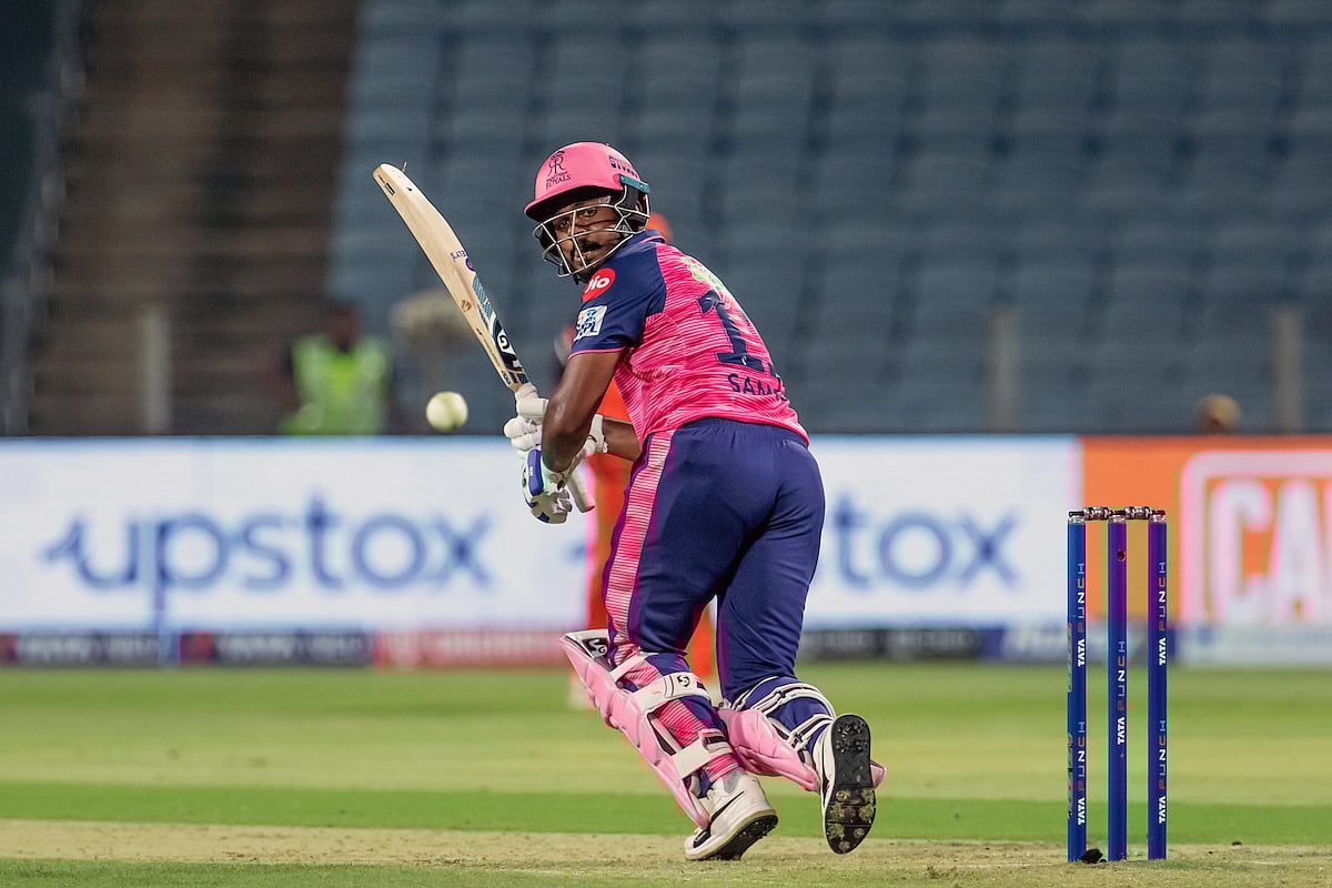 Rajasthan Royals' Sanju Samson plays a shot during the IPL 2022 match between SunRisers Hyderabad and Rajasthan Royals, at Maharashtra Cricket Association Stadium in Pune on 29 March, 2022