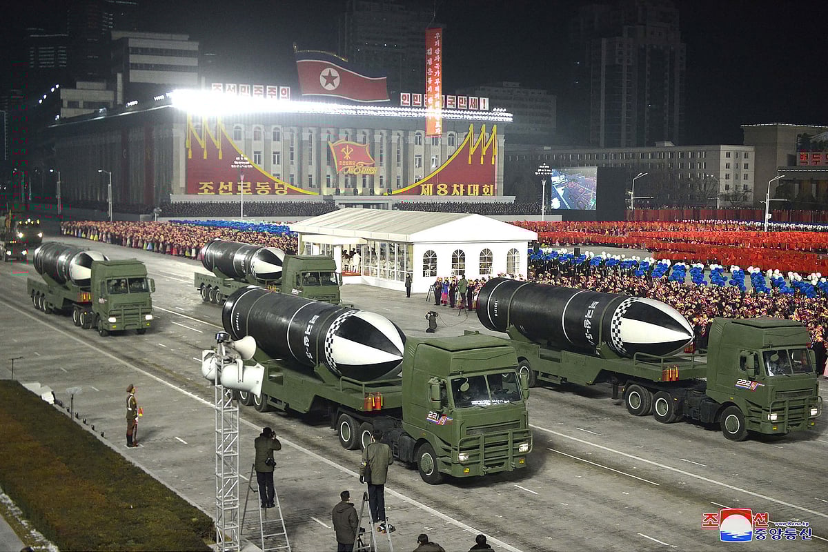 This file picture taken on 14 January, 2021 and released from North Korea's official Korean Central News Agency (KCNA) on
15 January shows what appears to be submarine-launched ballistic missiles during a military parade