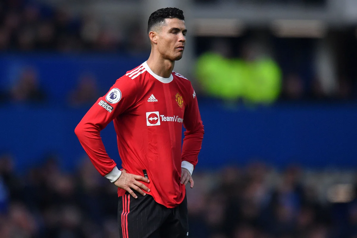 Manchester United striker Cristiano Ronaldo looks dejected during their English Premier League match against Everton at Goodison Park in Liverpool, England on 9 April, 2022.