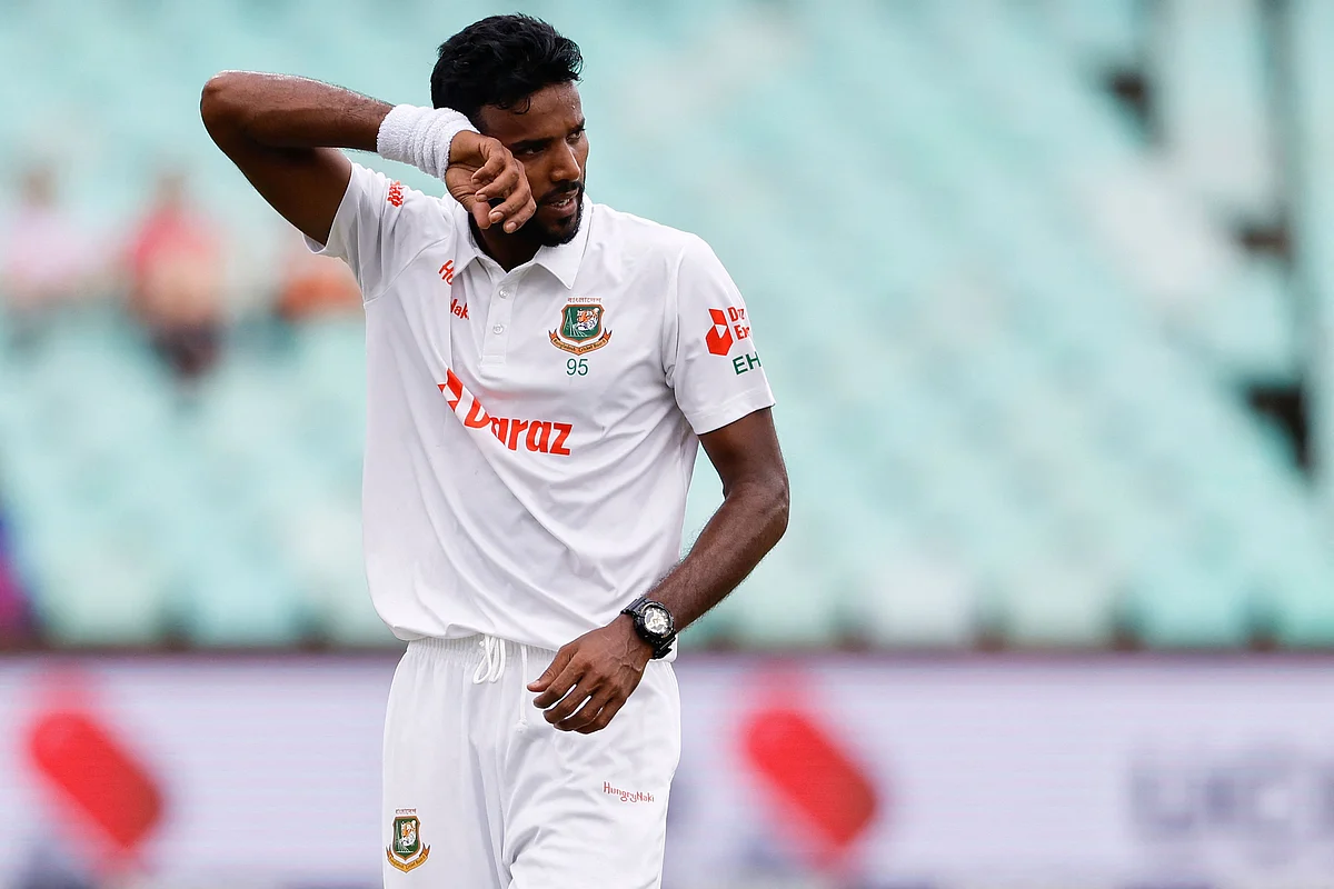 Pacer Ebadot Hossain wipes his sweat on Day 4 of the first Test against South Africa in Durban on Sunday.
