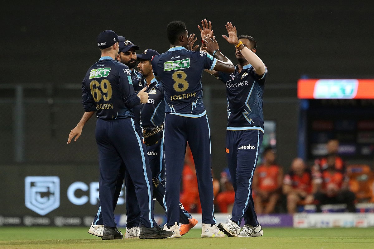 Gujarat Titans Alzarri Joseph celebrates the dismissal during the Indian Premier League 2022 match between Gujarat Titans and Sunrisers Hyderabad, at Wankhede Stadium in Mumbai on 27 April, 2022