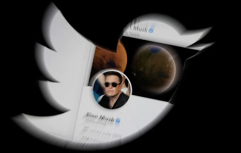 Elon Musk's twitter account is seen through the Twitter logo in this illustration