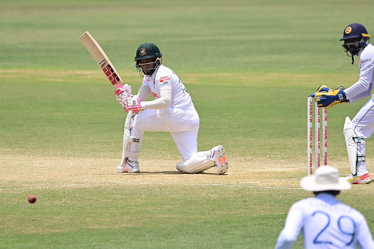 Bangladesh's Mushfiqur Rahim plays a shot during the fourth day of the first Test cricket match between Bangladesh and Sri Lanka at the Zahur Ahmed Chowdhury Stadium in Chittagong on 18 May, 2022