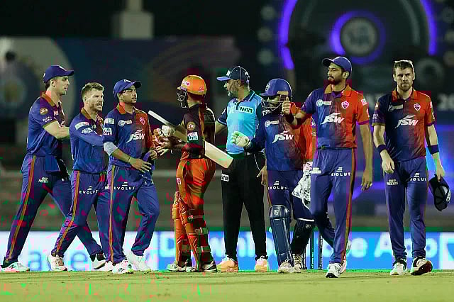 Delhi Capitals players celebrate at the end of their match against Sunrisers Hyderabad in the Indian Premier League on 5 May, 2022.