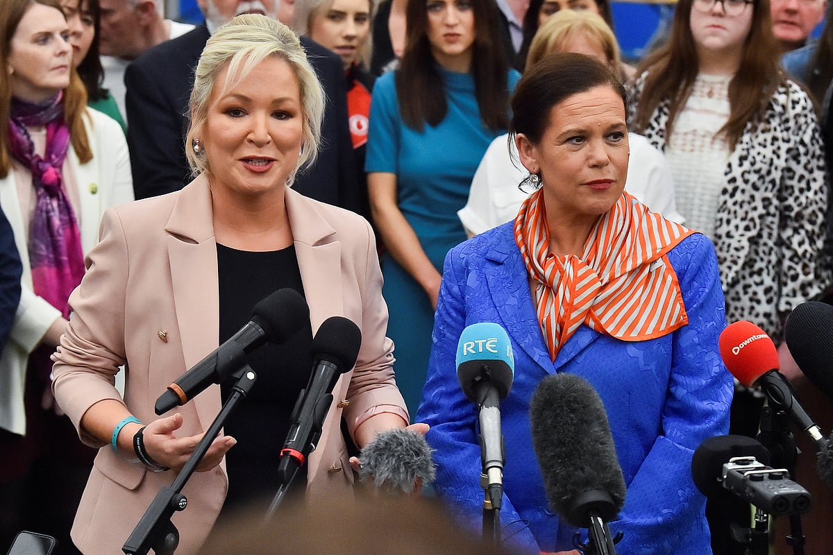Sinn Fein deputy leader Michelle O'Neill and party leader Mary Louise McDonald speak to media at the Meadowbank Sports Arena count centre, in Magherafelt, Northern Ireland on 7 May, 2022