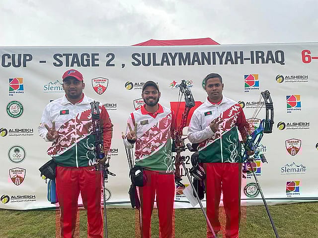 Bangladesh men's team, who won the silver medal in Asia Cup Archery Stage 2 in Sulaymaniyah, Iraq on 10 May 2022.