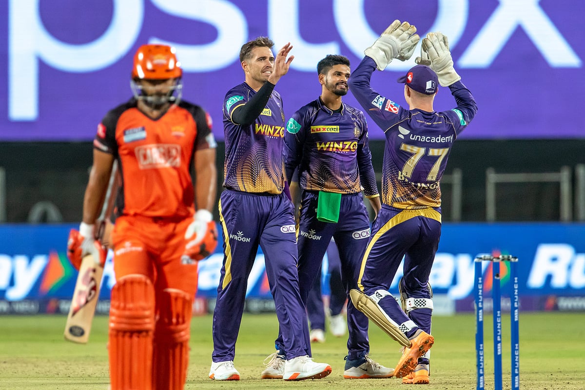 Kolkata Knight Riders Tim Southee celebrates the dismissal of Sunrisers Hyderabad Rahul Tripathi during the Indian Premier League 2022 cricket match between Kolkata Knight Riders and Sunrisers Hyderabad, at MCA Stadium, in Pune on 14 May, 2022