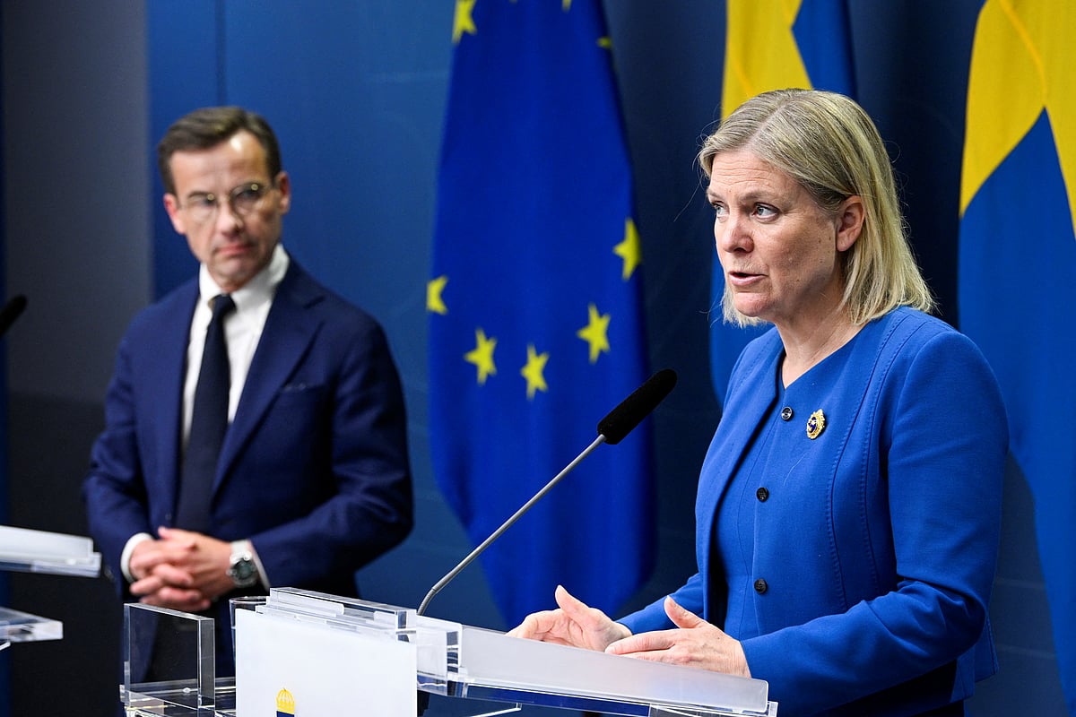 Sweden's Prime Minister Magdalena Andersson and the Moderate Party's leader Ulf Kristersson hold a news conference in Stockholm, Sweden, on 16 May 2022