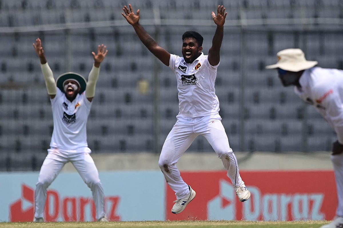 Sri Lanka pacer Asitha Fernando appeals for a wicket on Day 5 of the Dhaka Test against Bangladesh on 27 May, 2022