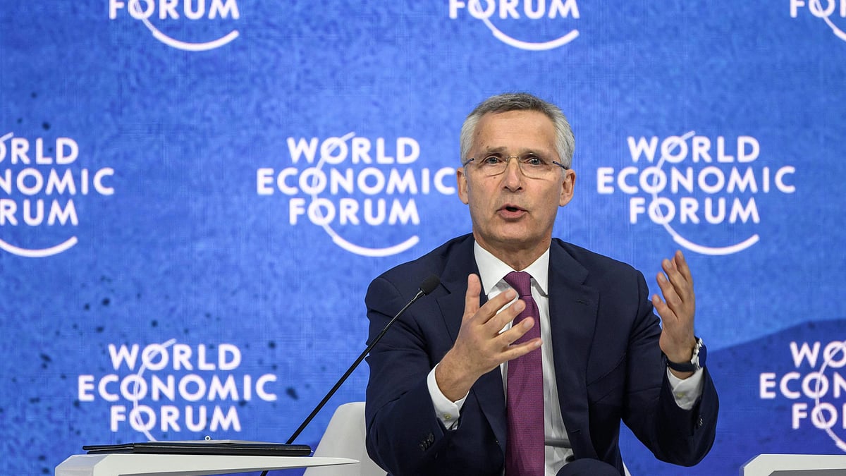 NATO secretary general Jens Stoltenberg addresses the assembly during the World Economic Forum (WEF) annual meeting in Davos on 24 May 2022.