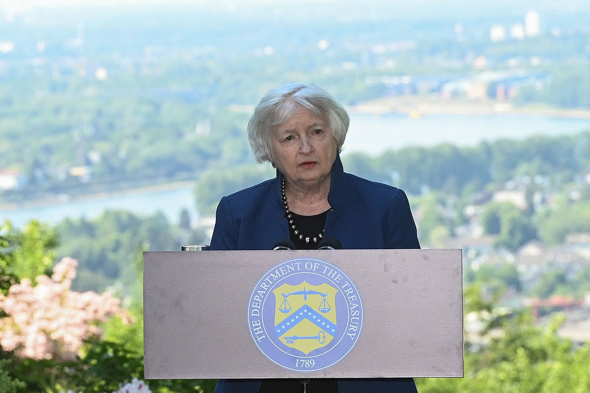 US Treasury Secretary Janet Yellen speaks to journalists on the sidelines of a meeting of finance ministers and central bankers from the Group of Seven industrialised nations (G7) on 18 May, 2022