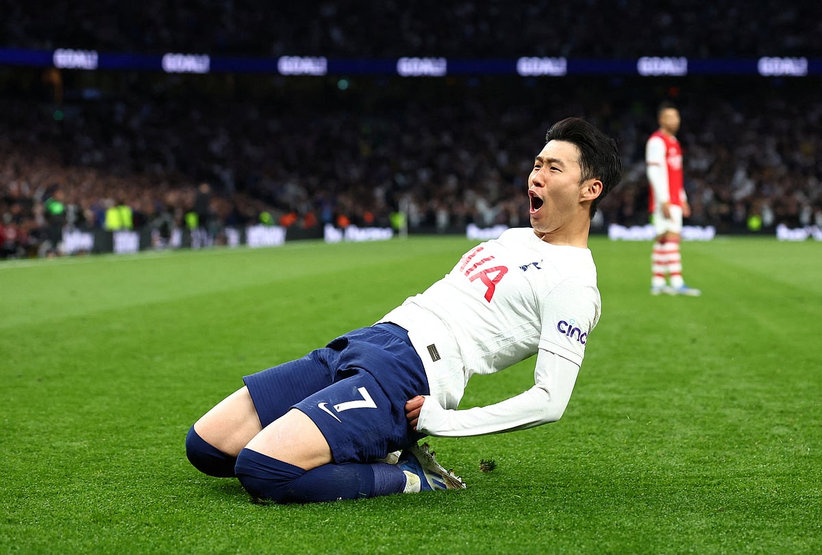 Tottenham Hotspur's Son Heung-min celebrates scoring their third goal against Arsenal in their English Premier League match at the Tottenham Hotspur Stadium, London on 12 May, 2022.