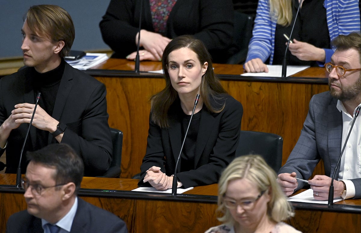 Finnish Prime Minister Sanna Marin (C) is pictured during the vote of the plenary session at the Finnish parliament about the NATO membership bid in Helsinki, Finland, on 17 May 2022.
