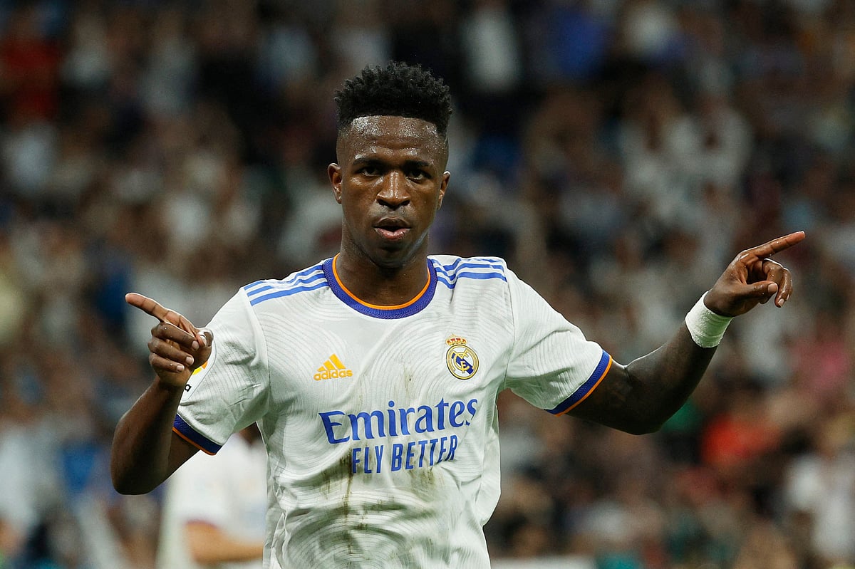 Real Madrid's Vinicius Junior celebrates scoring their fourth goal against Levante at the Santiago Bernabeu, Madrid on 12 May, 2022