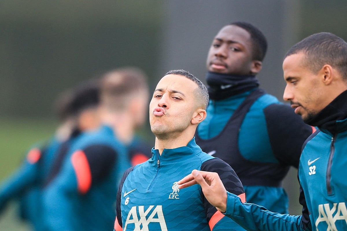 Liverpool's Spanish midfielder Thiago Alcantara reacts as he attends a team training session at Anfield Stadium in Liverpool, north west England, on 26 April 2022, on the eve of their UEFA Champions League semi-final first leg football match against Villareal