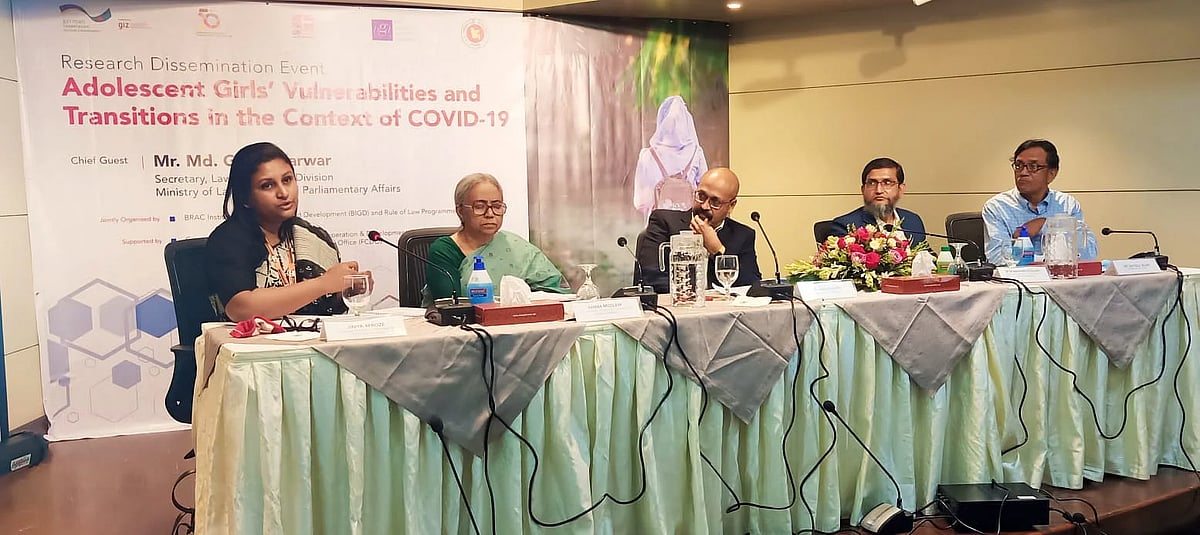 Speakers at the research dissemination event of a research report titled ‘Adolescent Girls’ Vulnerabilities and Transitions in the context of Covid-19’at capital’s Brac Centre Inn