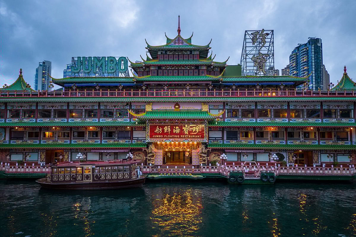 This file photo taken on June 2, 2022 shows the Jumbo Floating Restaurant located in the typhoon shelter near Aberdeen on the south side of Hong Kong island. Jumbo floating restaurant, a once famed but financially struggling Hong Kong tourist attraction, sank in the South China Sea after being towed away from the city, its parent company said late on 20 June, 2022