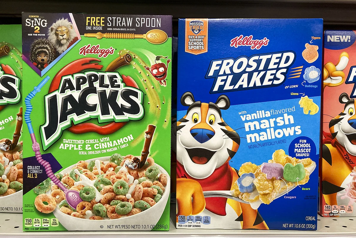 Kellogg's brand cereal is displayed on a store shelf on 21 June, 2022 in Lansing, Michigan. Today Kellogg's announced that the company will be split into three different companies and will move its corporate headquarters out of Battle Creek to Chicago, Illinois