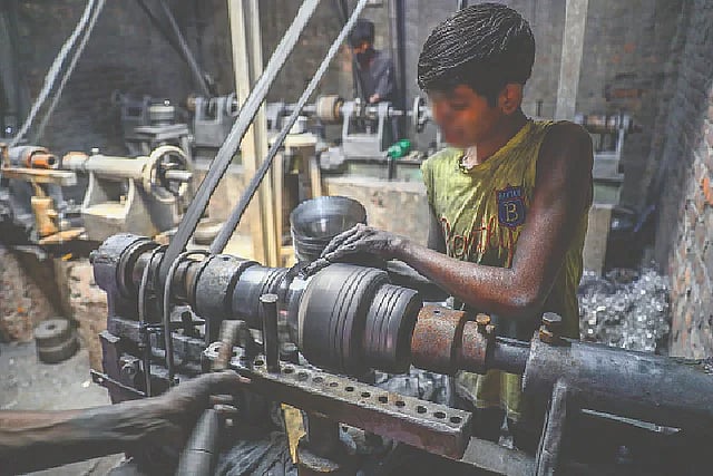 Children are working in all sorts of large and small factories in the country like this aluminium factory in South Keraniganj of the capital city