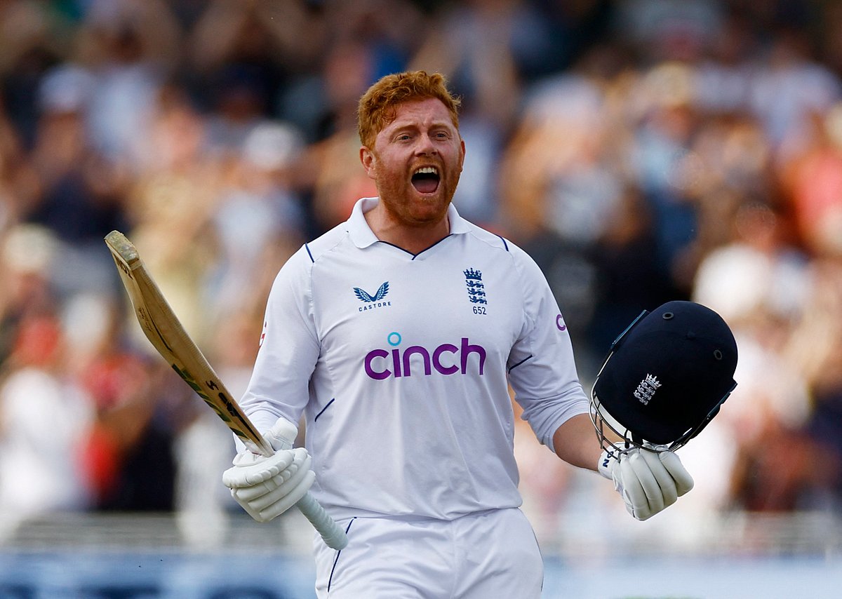 England's Jonny Bairstow celebrates reaching his century on Day 5 of the second Test against New Zealand at Trent Bridge on 14 June, 2022