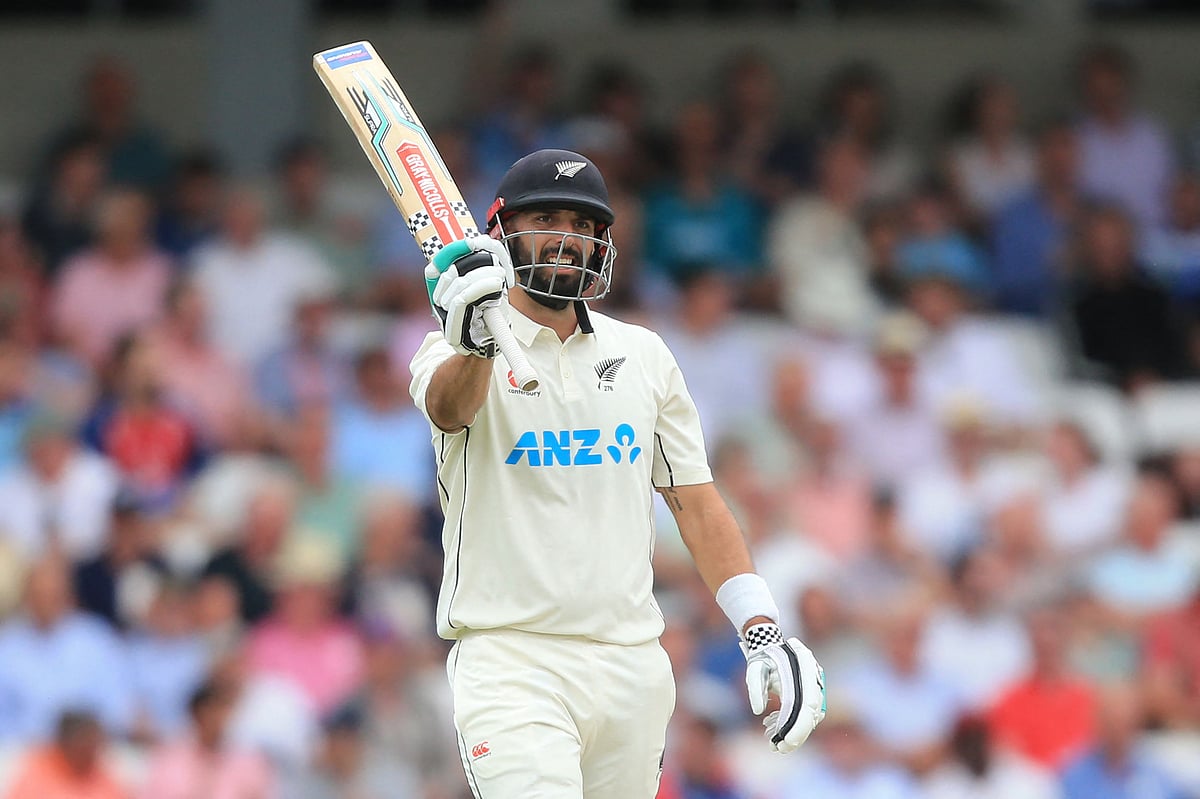 New Zealand's Daryl Mitchell celebrates reaching his 50 during play on day 1 of the third Test cricket match between England and New Zealand at Headingley Cricket Ground in Leeds, northern England on 23 June, 2022