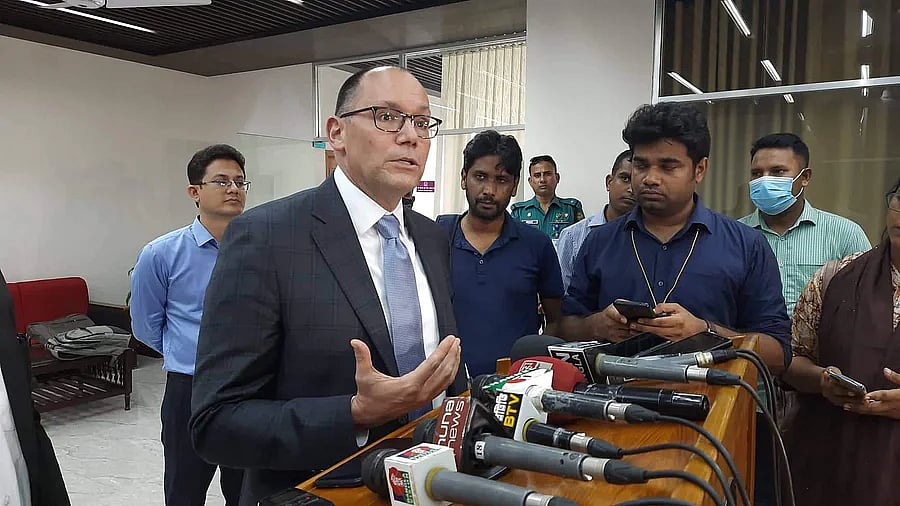 US ambassador Peter Haas is talking to newsmen after making a courtesy call on chief election commissioner Kazi Habibul Awal at the Nirbachan Bhaban at Agargaon in the capital on Wednesday.