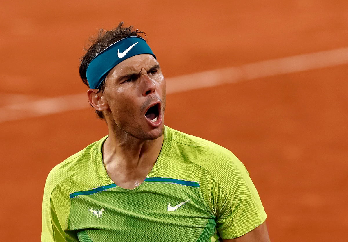 Rafael Nadal reacts during his quarterfinal match against Novak Djokovic at the Roland Garros, Paris one 1 June, 2022