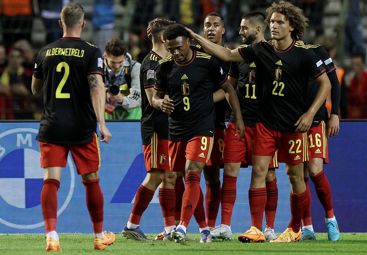 Belgium's forward Lois Openda (C) celebrates with teammates after scoring his team's sixth goal during the UEFA Nations League - League A - Group 4 football match between Belgium and Poland at The King Baudouin Stadium in Brussels, on 8 June, 2022