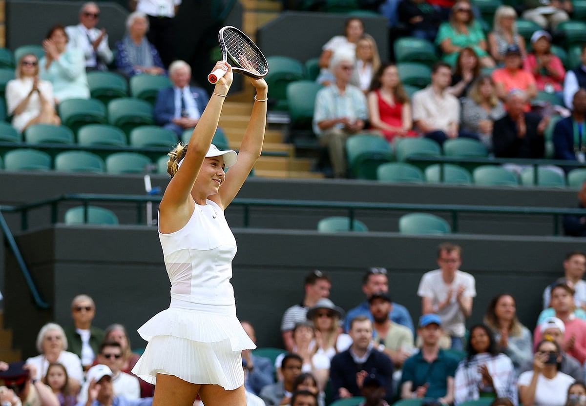 Amanda Anisimova of the US celebrates winning her fourth round match against France's Harmony Tan