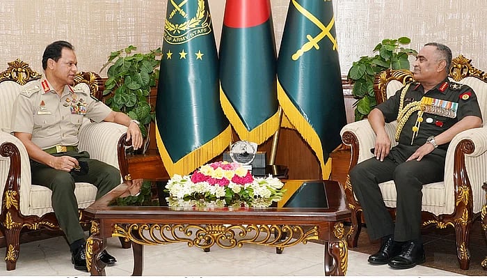 Bangladesh Army chief General SM Shafiullah speaks with Indian Army chief General Manoj Pande