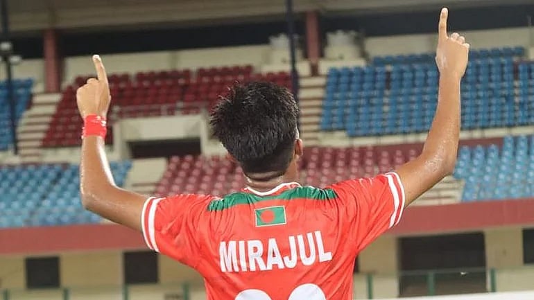 Bangladesh's Mirajul Islam celebrates after scoring the lone goal of the match