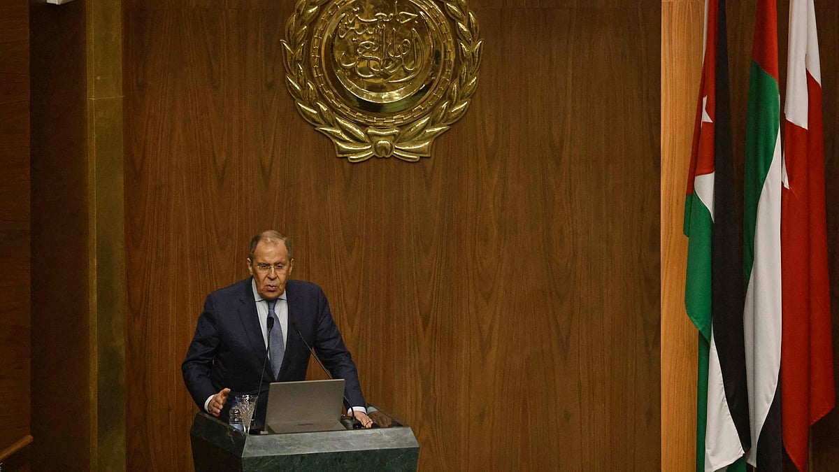Russian Foreign Minister Sergei Lavrov addresses the Arab League meeting at its headquarters in the Egyptian capital Cairo, on  24 July, 2022