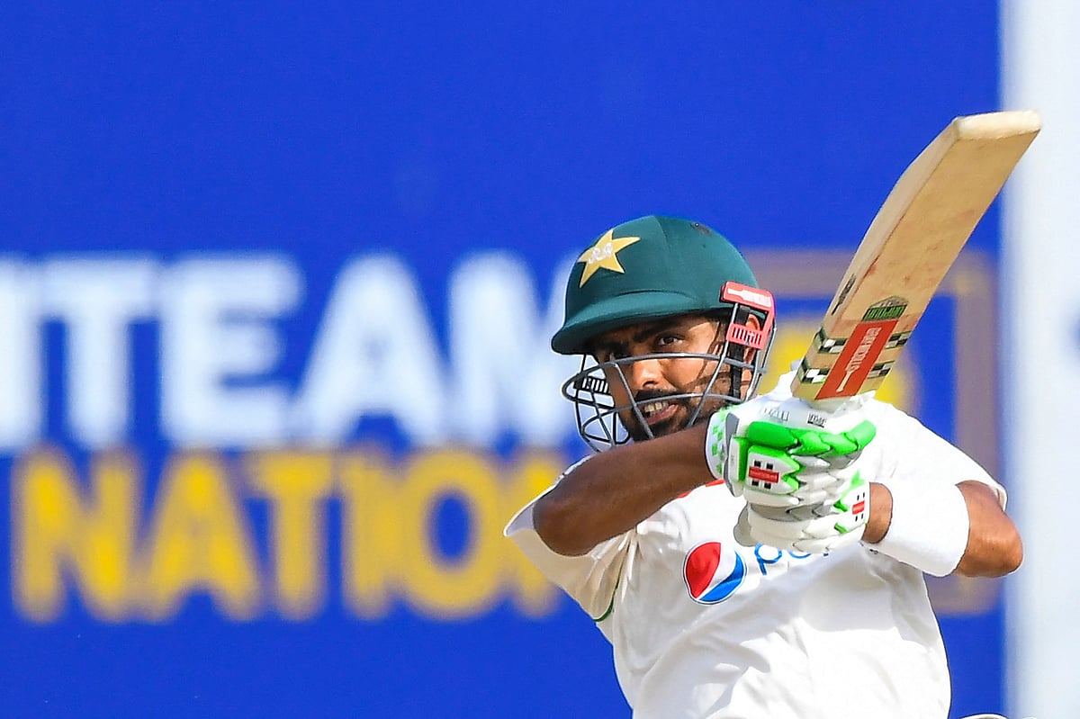 Pakistan's captain Babar Azam plays a shot during the second day of the first Test match between Sri Lanka and Pakistan at the Galle International Cricket Stadium in Galle on 17 July, 2022